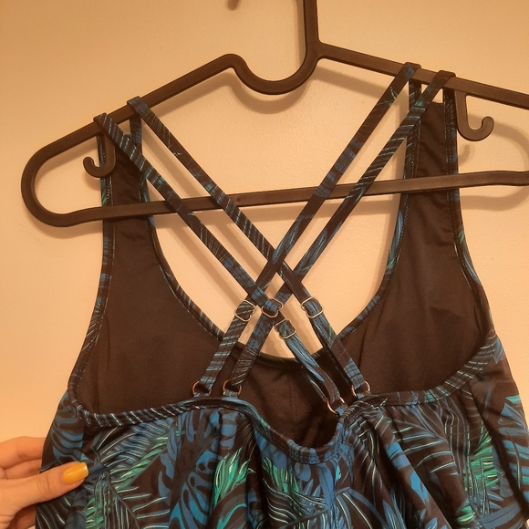 NWT Ocean Blues Blue Palm Leaves Print One Piece Swimsuit - Picture 8 of 14